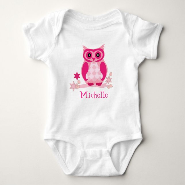 Custom Name Pink Owl Baby Nursery Gift Baby Bodysuit (Front)
