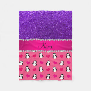 Custom name pink penguins indigo purple glitter fleece blanket