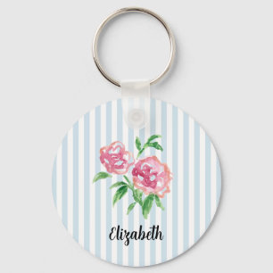 Custom Name Pink Peonies Painting Stripe Key Ring