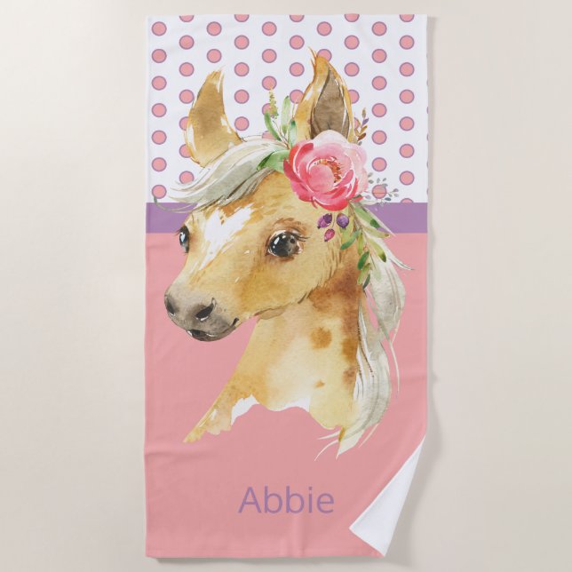 Custom Name Pink Pony Girl Beach Towel (Front)