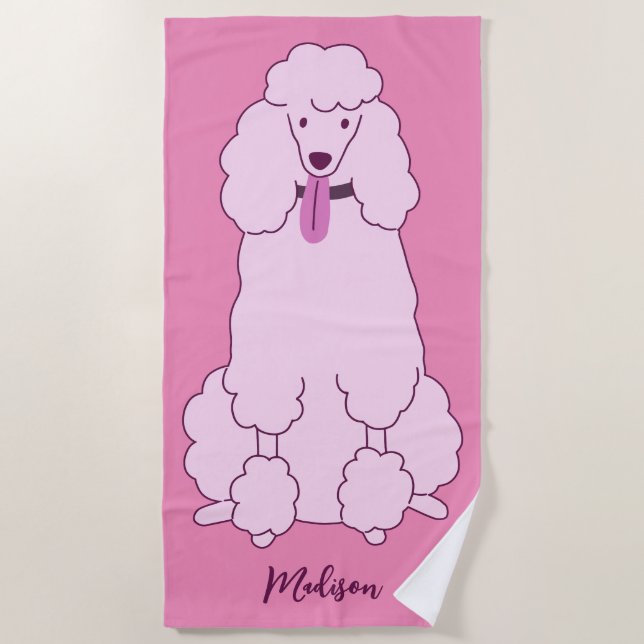 Custom Name Pink Poodle Beach Towel (Front)