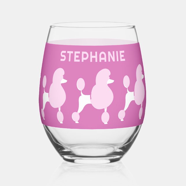 Custom Name Pink Poodles Stemless Wine Glass (Left)