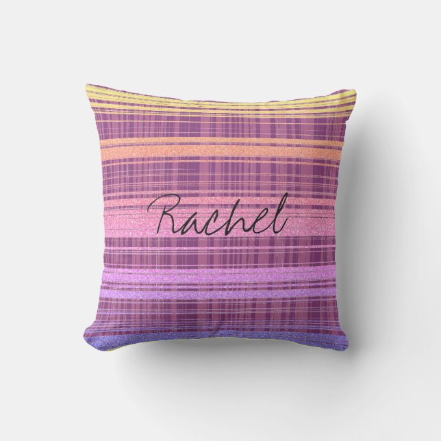 Custom Name Pink Purple Rose Gold Stripe Ombre Cushion (Front)