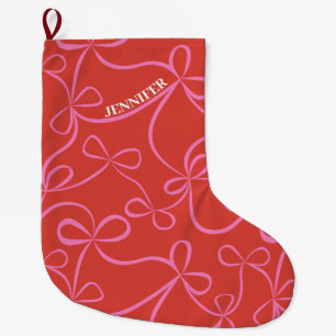 Custom Name Pink & Red Ribbon Bow Pattern Holiday Large Christmas Stocking