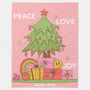 Custom Name Pink Retro Christmas Tree Fleece Blank Blanket