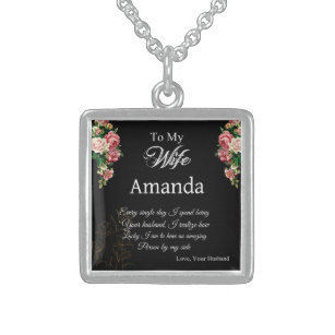 Custom Name Pink Rose Message for Wife Sterling Silver Necklace