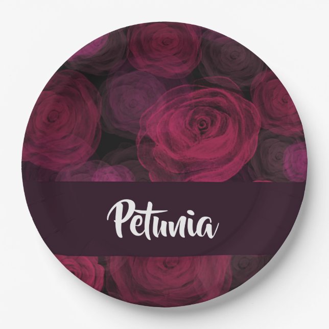 Custom name pink rose pattern paper plate (Front)