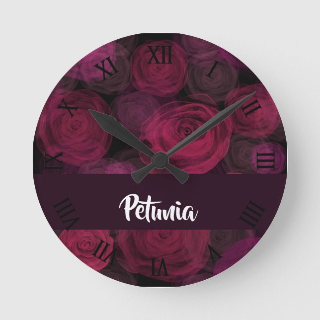 Custom name pink rose pattern round clock (Front)