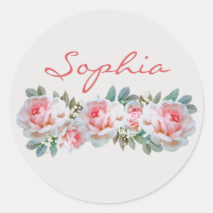 Custom Name Pink Roses White Flowers Vintage Girl Classic Round Sticker