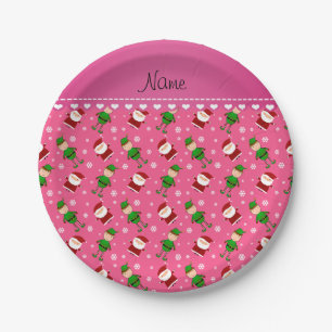 Custom name pink santa elves snowflakes paper plate