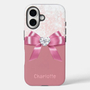 Custom Name Pink Snowflake Ribbon iPhone 16 Case