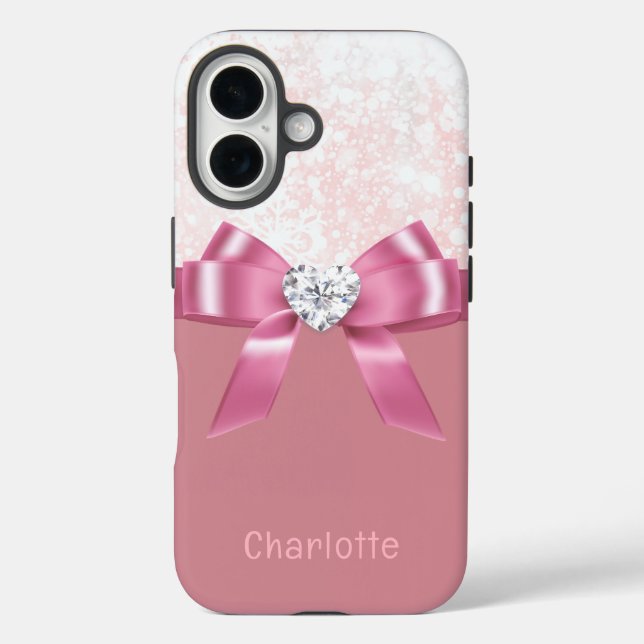 Custom Name Pink Snowflake Ribbon iPhone 16 Case (Back)