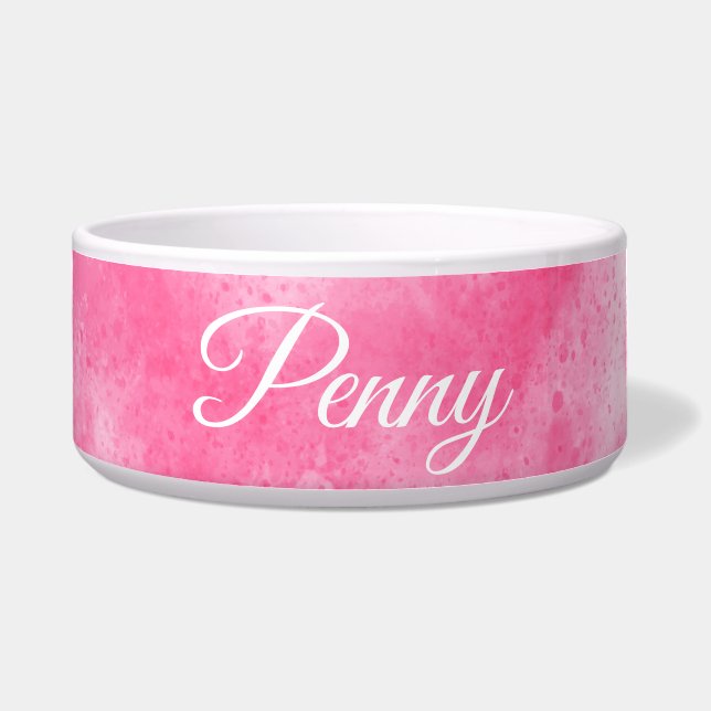 Custom Name Pink Splatter Ceramic Pet Bowl (Front)