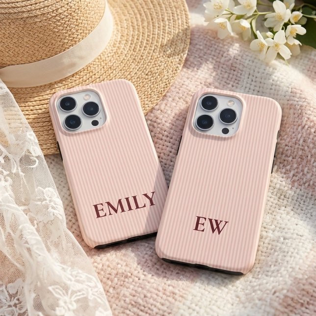Custom Name Pink Striped Bridesmaid Mum Teacher Case-Mate iPhone Case (Custom Pink Striped iPhone 15 Case | Chic Bridesmaid Gift | Elegant Initials Pastel Pinstripe Case)