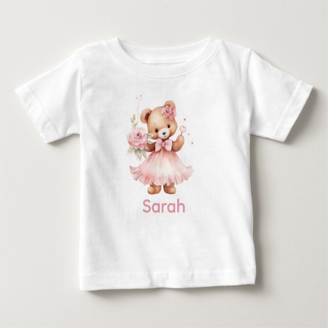 Custom Name Pink Teddy Bear Baby Shirt (Front)