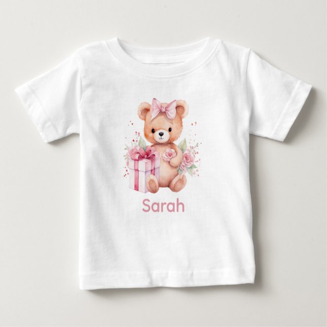 Custom Name Pink Teddy Bear Baby Shirt (Front)