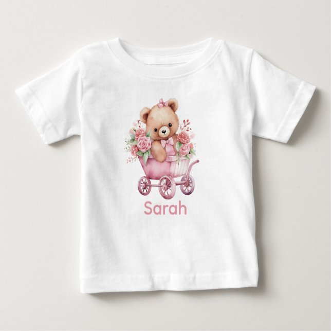 Custom Name Pink Teddy Bear Baby Shirt (Front)