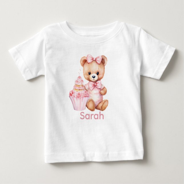 Custom Name Pink Teddy Bear Baby Shirt (Front)