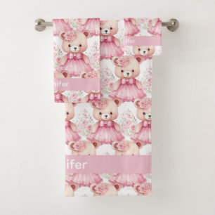 Custom Name Pink Teddy Bear Girl's Bath Towel Set
