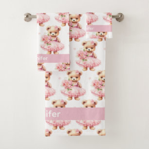 Custom Name Pink Teddy Bear Girl's Bath Towel Set