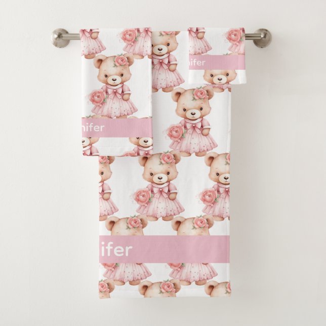 Custom Name Pink Teddy Bear Girl's Bath Towel Set (Insitu)