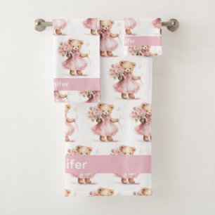 Custom Name Pink Teddy Bear Girl's Bath Towel Set