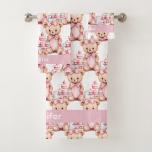 Custom Name Pink Teddy Bear Girl's Bath Towel Set