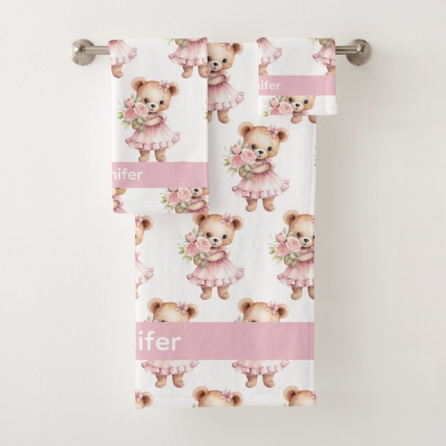 Custom Name Pink Teddy Bear Girl's Bath Towel Set (Insitu)