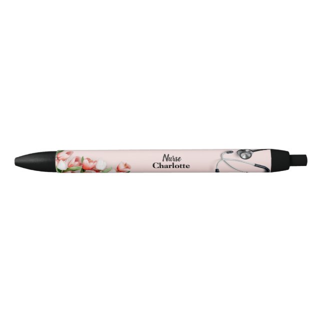 Custom Name Pink Tulip Floral Stethoscope Nurse  Black Ink Pen (Front)