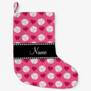Custom name pink volleyballs and hearts small christmas stocking