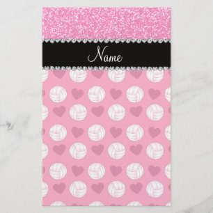 Custom name pink volleyballs rose pink glitter stationery