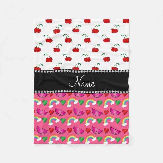 Custom name pink watermelons rainbows cherry fleece blanket (Front)