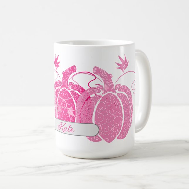 Custom Name Pink & White Fall Filigree Pumpkins Coffee Mug (Front Right)