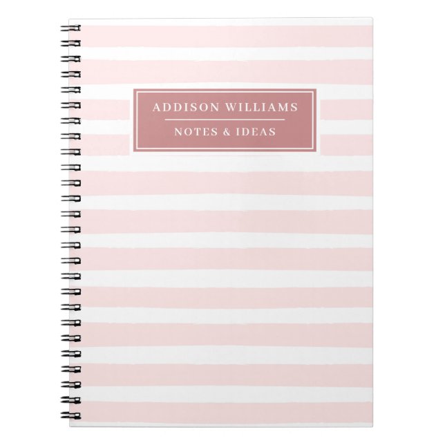 Custom Name Pink White Stripe Pattern Notebook (Front)
