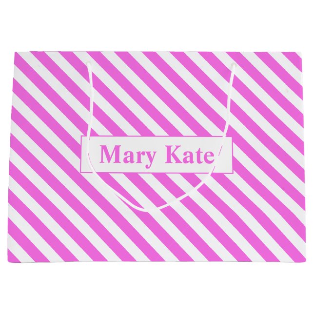 Custom Name Pink/White Stripes Large Gift Bag (Front)
