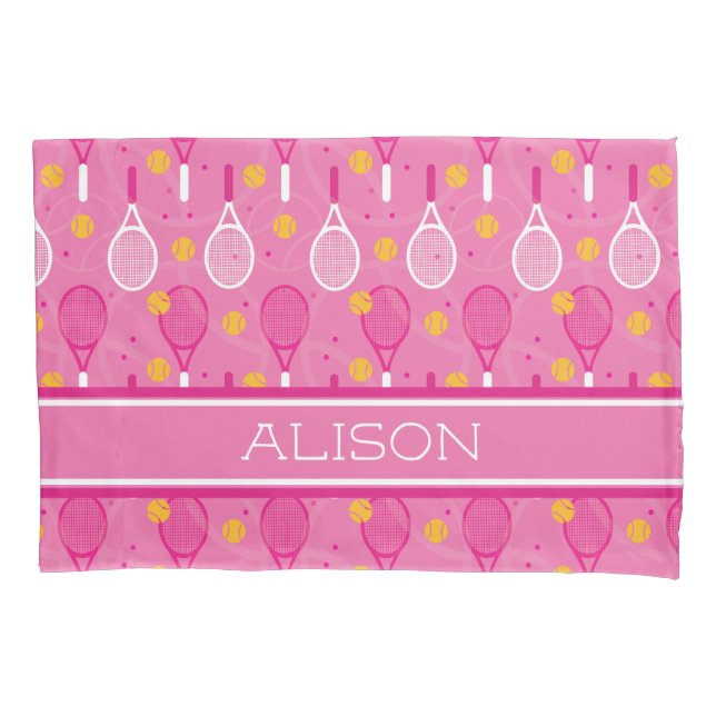 Custom name Pink & white tennis racket pattern  Pillowcase (Front)