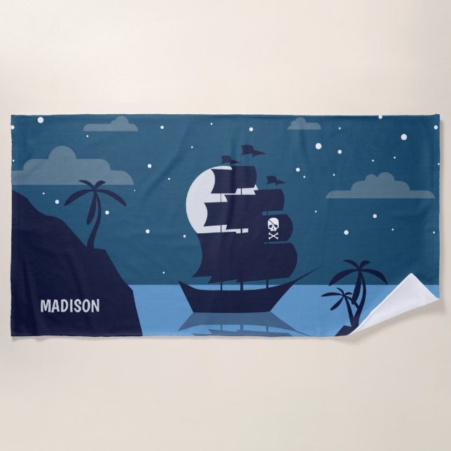 Custom name Pirate Ship beach towel (Front)