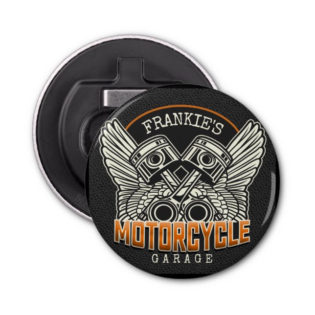 Custom NAME Pistons Wings Motorcycle Biker Garage Bottle Opener (Front)