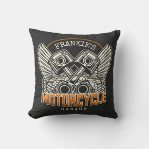 Custom NAME Pistons Wings Motorcycle Biker Garage Cushion