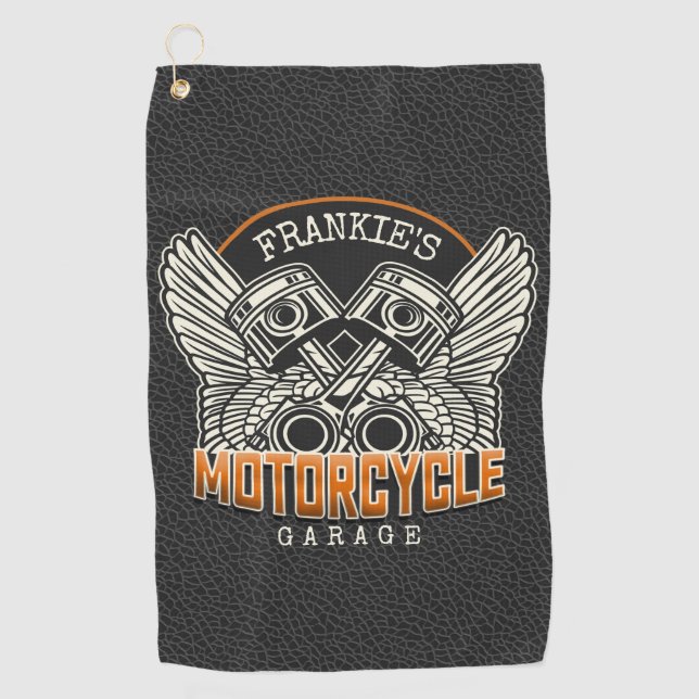 Custom NAME Pistons Wings Motorcycle Biker Garage Golf Towel (Front)