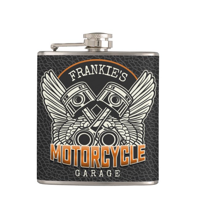 Custom NAME Pistons Wings Motorcycle Biker Garage Hip Flask (Front)