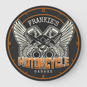 Custom NAME Pistons Wings Motorcycle Biker Garage Large Clock