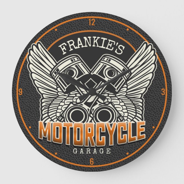 Custom NAME Pistons Wings Motorcycle Biker Garage Large Clock (Front)