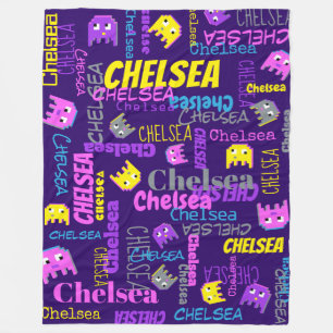 Custom name pixel gaming pink purple yellow girls fleece blanket