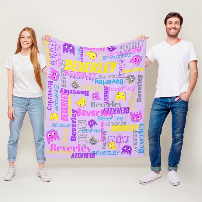 Custom name pixel gaming pink purple yellow girls fleece blanket (In Situ)