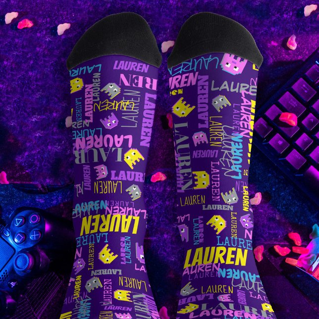 Custom name pixel gaming pink purple yellow girls socks (Creator Uploaded)