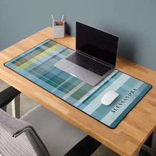 Custom Name Plaid Check Blue Teal Modern Stylish Desk Mat