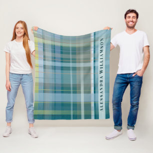Custom Name Plaid Check Blue Teal Modern Stylish  Fleece Blanket