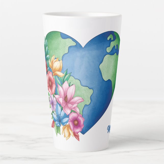 Custom Name Planet Earth Heart Latte Mug (Front)