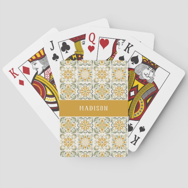 Custom Name Portugese Tiles Pattern Playing Cards (Back)